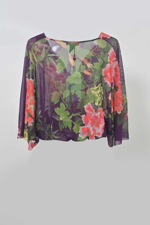 Plum bias-cut nylon floral print plunge neck blouse with lattice woven detail at centre front