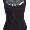 Plum polyester portrait neck plissé tank top