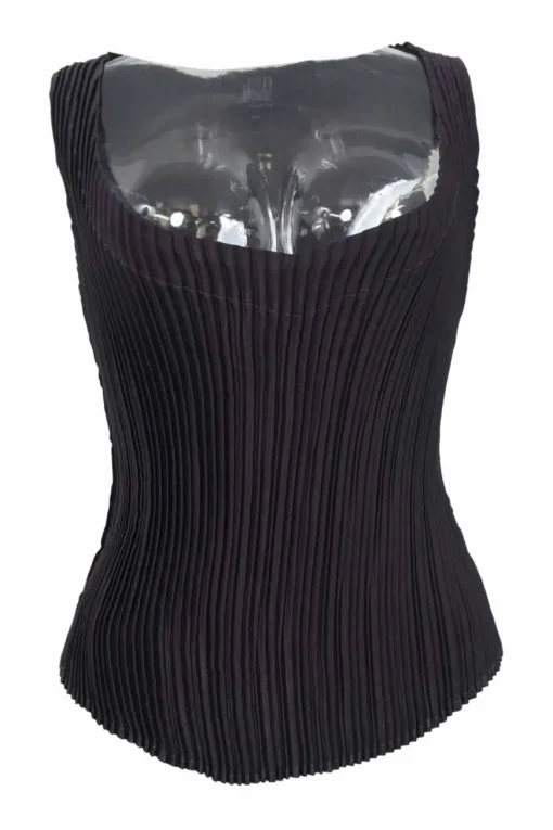 Plum polyester portrait neck plissé tank top