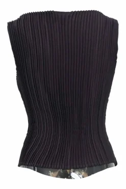 Plum polyester portrait neck plissé tank top