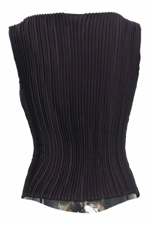Plum polyester portrait neck plissé tank top