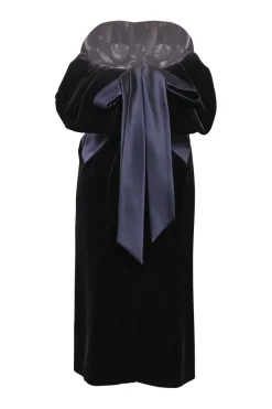 Plum viscose-blend velvet strapless sheath dress with rear bow-embellished bubble detail