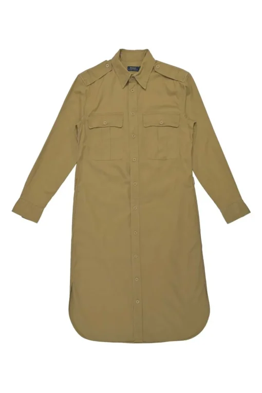 Polo Khaki cotton twill point collar button-front shirt dress with cargo chest patch pockets
