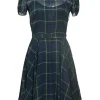 Polo navy semi-sheer silk Glen check Peter Pan collar puff sleeve belted skirt with peek-a-boo bodice and bias-cut skirt