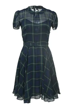 Polo navy semi-sheer silk Glen check Peter Pan collar puff sleeve belted skirt with peek-a-boo bodice and bias-cut skirt