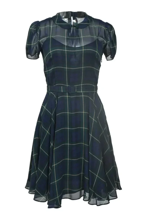 Polo navy semi-sheer silk Glen check Peter Pan collar puff sleeve belted skirt with peek-a-boo bodice and bias-cut skirt
