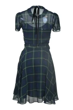 Polo navy semi-sheer silk Glen check Peter Pan collar puff sleeve belted skirt with peek-a-boo bodice and bias-cut skirt