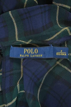 Polo navy semi-sheer silk Glen check Peter Pan collar puff sleeve belted skirt with peek-a-boo bodice and bias-cut skirt