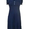Polo navy silk tie-neck half-button empire-waist peek-a-boo puff sleeve mini dress with pintuck bodice