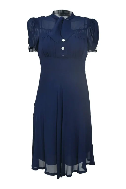 Polo navy silk tie-neck half-button empire-waist peek-a-boo puff sleeve mini dress with pintuck bodice