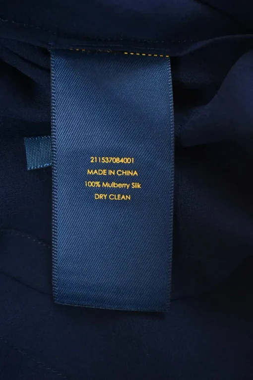 Polo navy silk tie-neck half-button empire-waist peek-a-boo puff sleeve mini dress with pintuck bodice