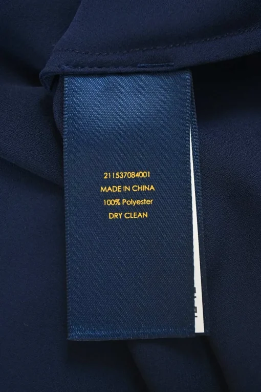 Polo navy silk tie-neck half-button empire-waist peek-a-boo puff sleeve mini dress with pintuck bodice
