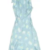 Printed baby blue tied halterneck synthetic midi dress
