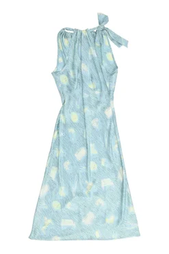 Printed baby blue tied halterneck synthetic midi dress