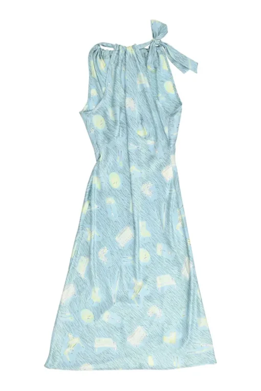 Printed baby blue tied halterneck synthetic midi dress