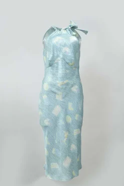 Printed baby blue tied halterneck synthetic midi dress