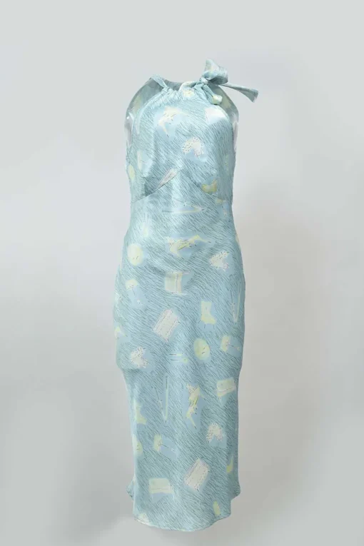 Printed baby blue tied halterneck synthetic midi dress