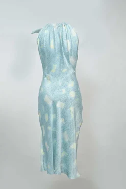 Printed baby blue tied halterneck synthetic midi dress
