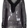 Purple and black mesh V-neck blouse with black crochet detailing on long puffed sleeves