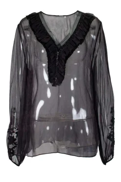Purple and black mesh V-neck blouse with black crochet detailing on long puffed sleeves