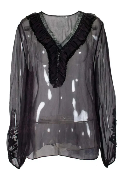 Purple and black mesh V-neck blouse with black crochet detailing on long puffed sleeves