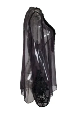 Purple and black mesh V-neck blouse with black crochet detailing on long puffed sleeves