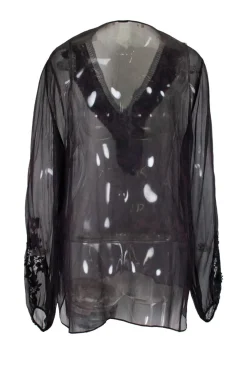 Purple and black mesh V-neck blouse with black crochet detailing on long puffed sleeves