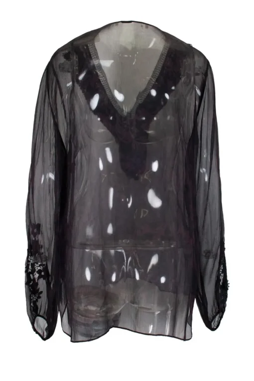 Purple and black mesh V-neck blouse with black crochet detailing on long puffed sleeves