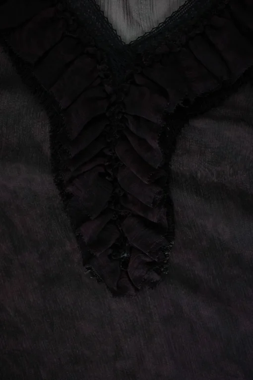 Purple and black mesh V-neck blouse with black crochet detailing on long puffed sleeves