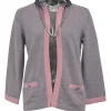 Purple and blush cashmere open-front cardigan with built-in metallic cord and popcorn chain necklace with hook fastening