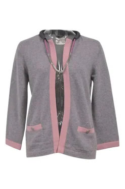 Purple and blush cashmere open-front cardigan with built-in metallic cord and popcorn chain necklace with hook fastening