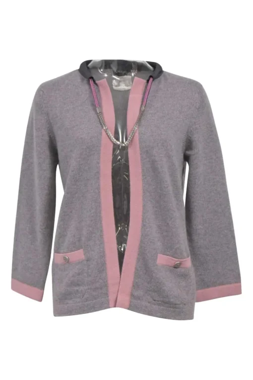 Purple and blush cashmere open-front cardigan with built-in metallic cord and popcorn chain necklace with hook fastening
