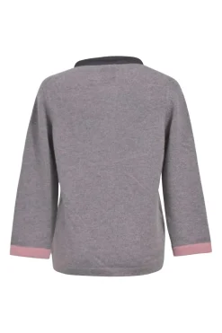 Purple and blush cashmere open-front cardigan with built-in metallic cord and popcorn chain necklace with hook fastening