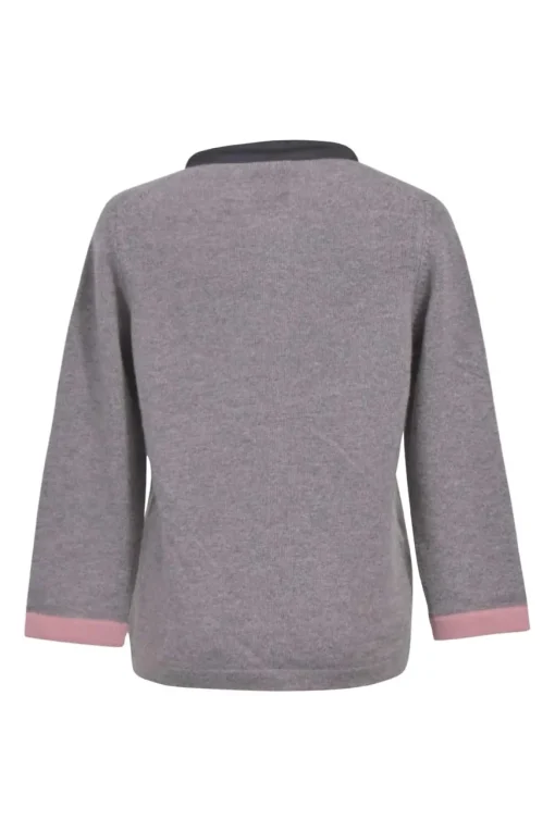 Purple and blush cashmere open-front cardigan with built-in metallic cord and popcorn chain necklace with hook fastening