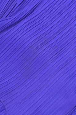 Purple bias-cut paneled polyester sleeveless plissé knee-length dress with asymmetric handkerchief skirt