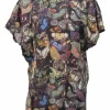 Purple bias-cut silk butterfly digi-print dolman sleeve blouse with keyhole back