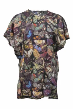 Purple bias-cut silk butterfly digi-print dolman sleeve blouse with keyhole back