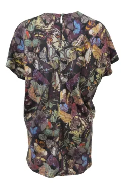 Purple bias-cut silk butterfly digi-print dolman sleeve blouse with keyhole back