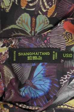 Purple bias-cut silk butterfly digi-print dolman sleeve blouse with keyhole back