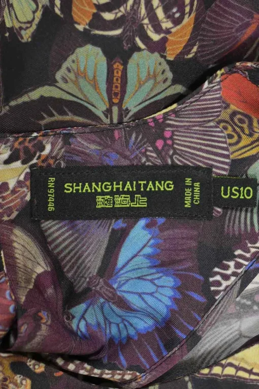 Purple bias-cut silk butterfly digi-print dolman sleeve blouse with keyhole back