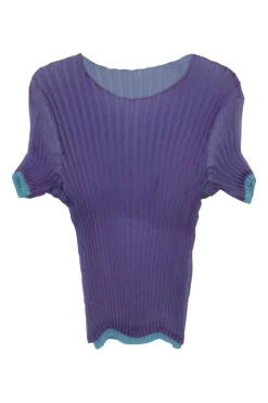 Purple bi-layer polyester pullover short sleeve plissé top