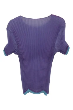 Purple bi-layer polyester pullover short sleeve plissé top