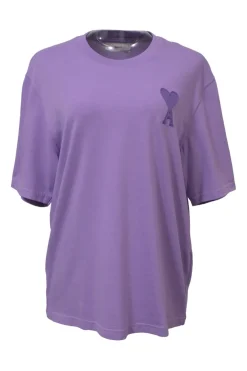 Purple cotton crewneck pullover T-shirt featuring Big Ami Coeur chest patch appliqué