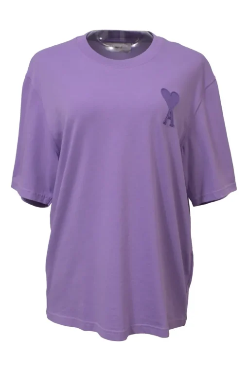 Purple cotton crewneck pullover T-shirt featuring Big Ami Coeur chest patch appliqué