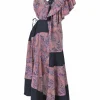 Purple cotton paisley print plunge neck flutter sleeve handkerchief midi dress with drawstring side cutout