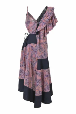 Purple cotton paisley print plunge neck flutter sleeve handkerchief midi dress with drawstring side cutout