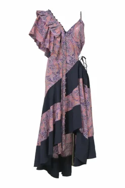 Purple cotton paisley print plunge neck flutter sleeve handkerchief midi dress with drawstring side cutout
