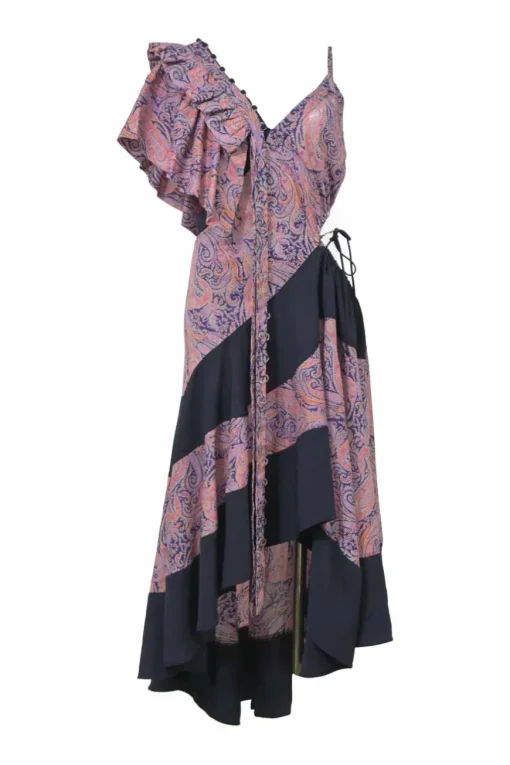 Purple cotton paisley print plunge neck flutter sleeve handkerchief midi dress with drawstring side cutout