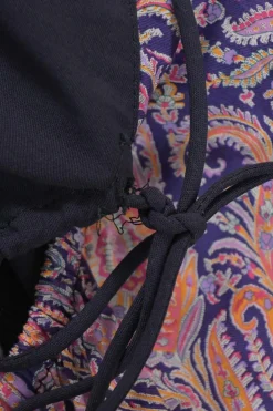 Purple cotton paisley print plunge neck flutter sleeve handkerchief midi dress with drawstring side cutout