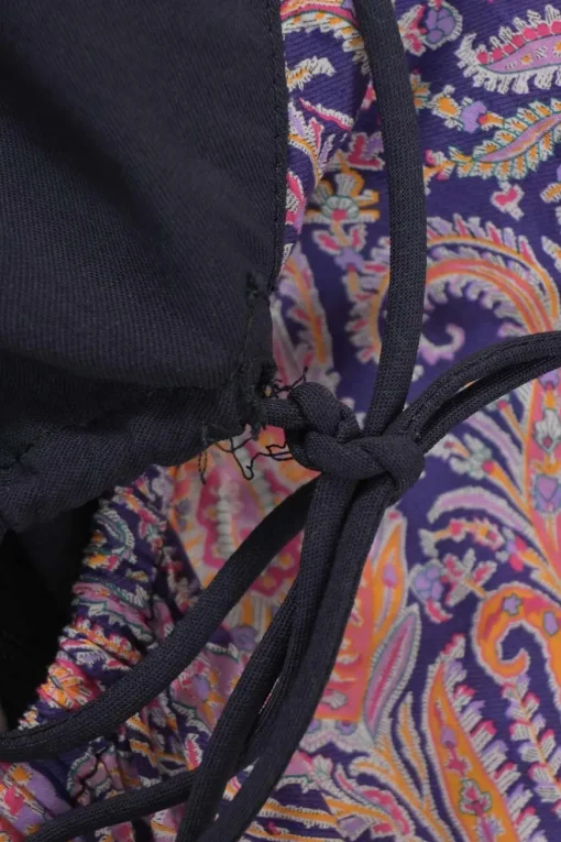 Purple cotton paisley print plunge neck flutter sleeve handkerchief midi dress with drawstring side cutout